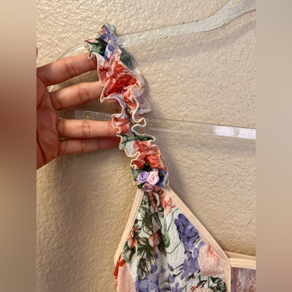 Floral Vintage Mesh Keyhole Ruffle Sleeve Strap 3D Flowers Babydoll Dress Size S - Picture 7 of 15